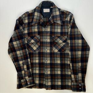 Vtg Sears Kings Road Mens Sz Large Grey White Wool Tartan Plaid Flannel READ*